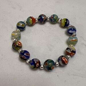 Vtg Murano Venetian Millefiori Multi Color‎ Stretch Glass Bead Bracelet Sterling